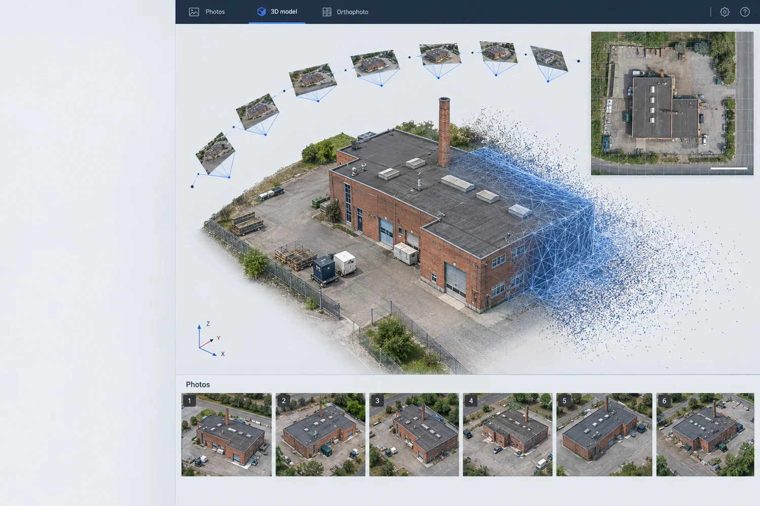 AI-genereret softwareillustration: overlappende dronefotos af en bygning samles til et ortofoto og en 3D-model med punktsky og trådnet.
