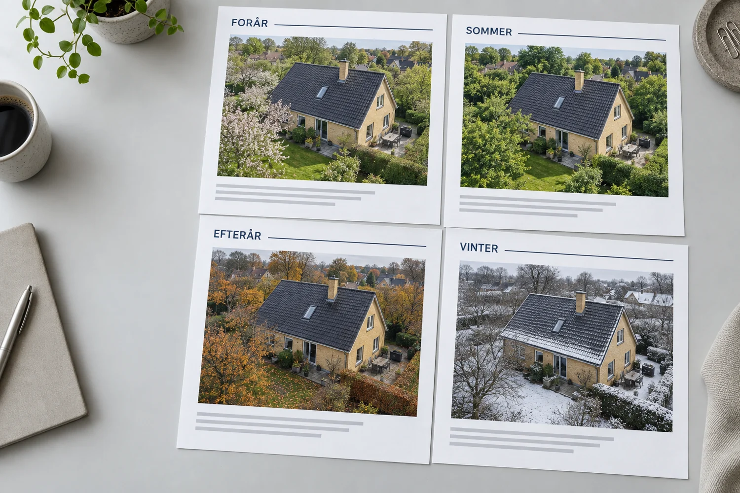 AI-genereret illustration: fire inspektionsdokumenter med samme hus set fra samme vinkel i forår, sommer, efterår og vinter.